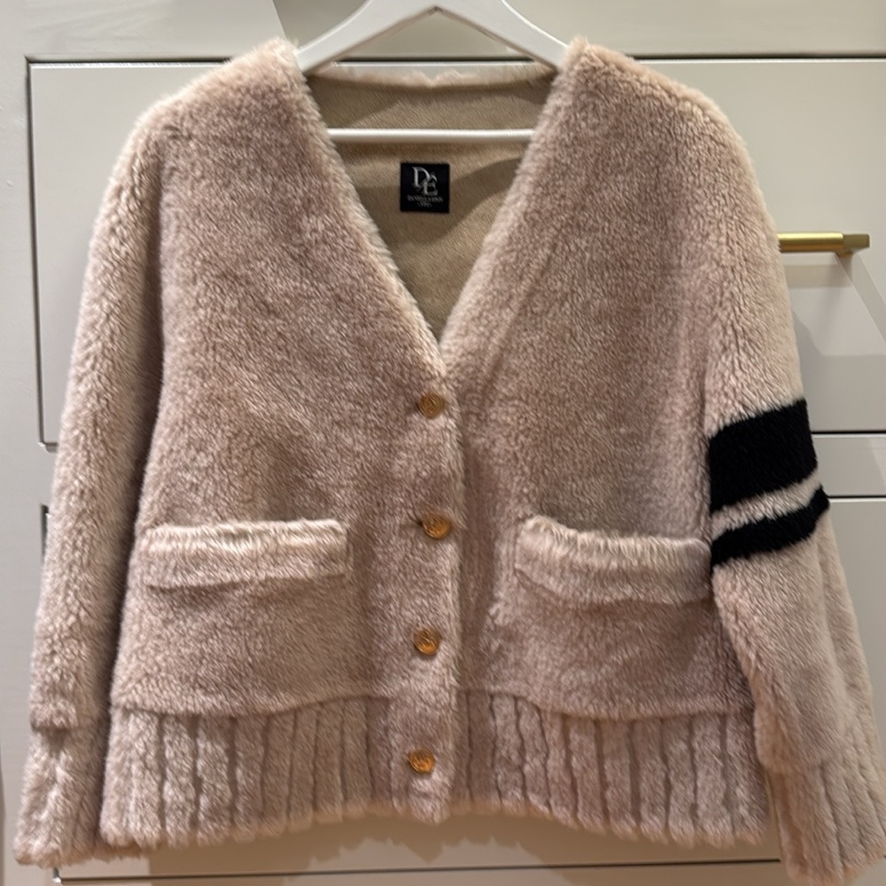 DANIELLA ERIN Beige 100% Shearling Cardigan with Black Varsity Stripe